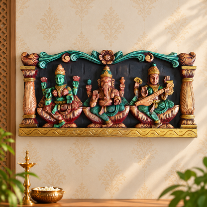 Lakshmi Ganesha and Saraswati Wooden Panel – GLS Panel