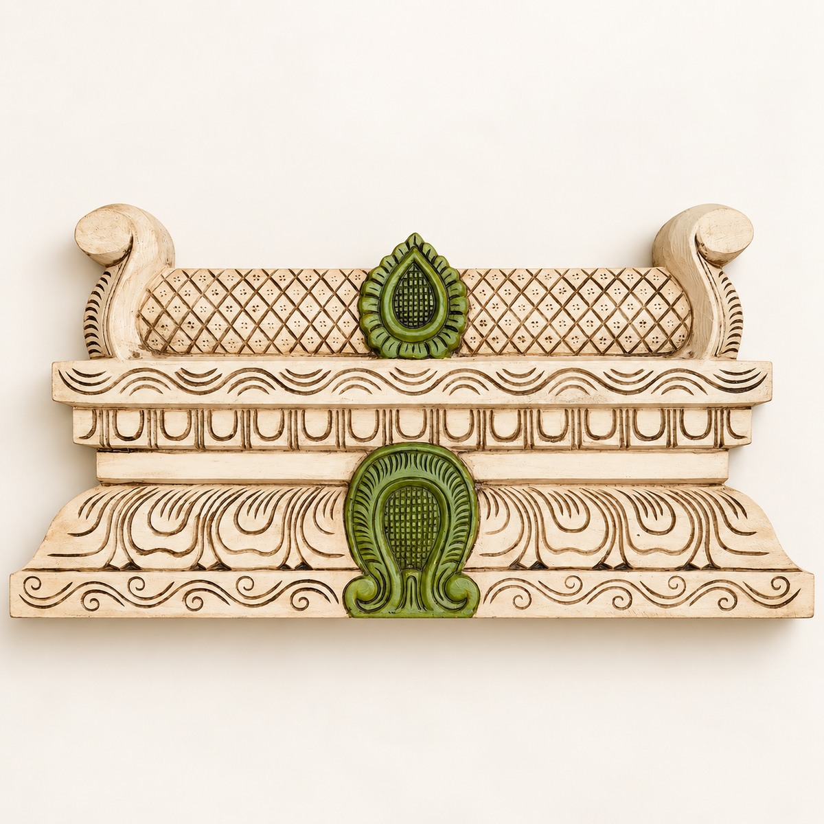 Handcrafted Wooden Painted Gopuram – Ivory & Green Temple Decor