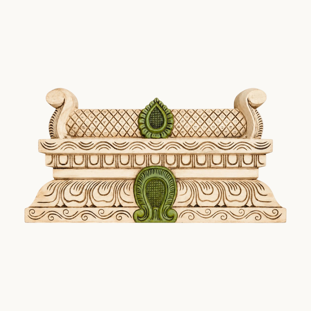 Handcrafted Wooden Painted Gopuram – Ivory & Green Temple Decor