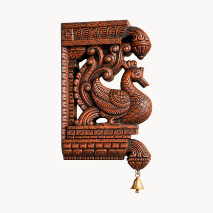 16" Handcrafted Wooden Peacock Wall Bracket with Brass Bell – Traditional Carved Corbel