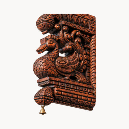 16" Handcrafted Wooden Peacock Wall Bracket with Brass Bell – Traditional Carved Corbel