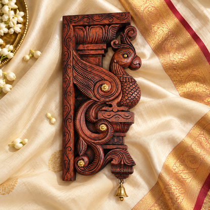 18" Handcrafted Wooden Peacock Wall Bracket with Brass Accents