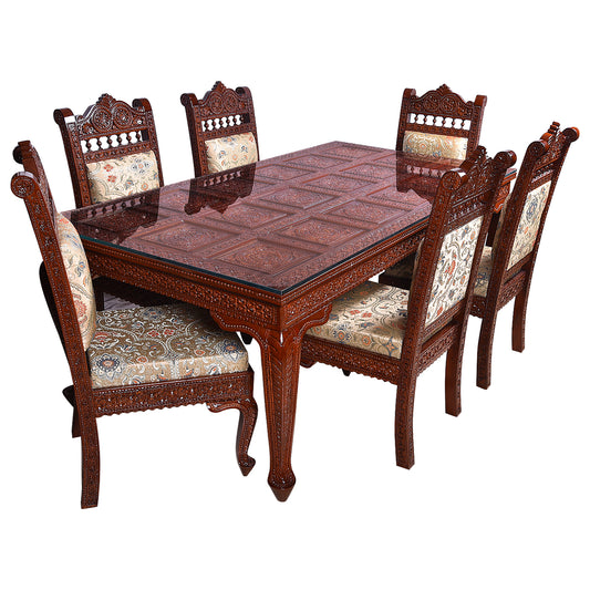 Heritage Hand-Carved Solid Wood Dining Set – Glass Top | Premium Fabric Seating – 6 Seater | Thar Arts & Furniture