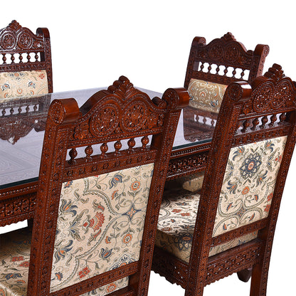 Heritage Hand-Carved Solid Wood Dining Set – Glass Top | Premium Fabric Seating – 6 Seater | Thar Arts & Furniture