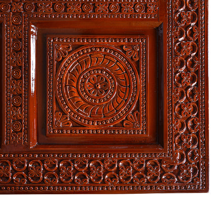 Heritage Hand-Carved Solid Wood Dining Set – Glass Top | Premium Fabric Seating – 6 Seater | Thar Arts & Furniture