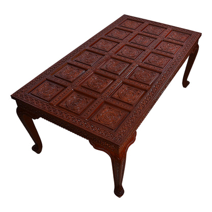 Heritage Hand-Carved Solid Wood Dining Set – Glass Top | Premium Fabric Seating – 6 Seater | Thar Arts & Furniture