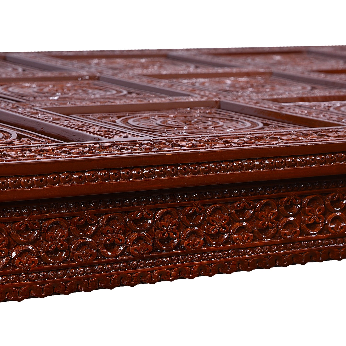 Heritage Hand-Carved Solid Wood Dining Set – Glass Top | Premium Fabric Seating – 6 Seater | Thar Arts & Furniture