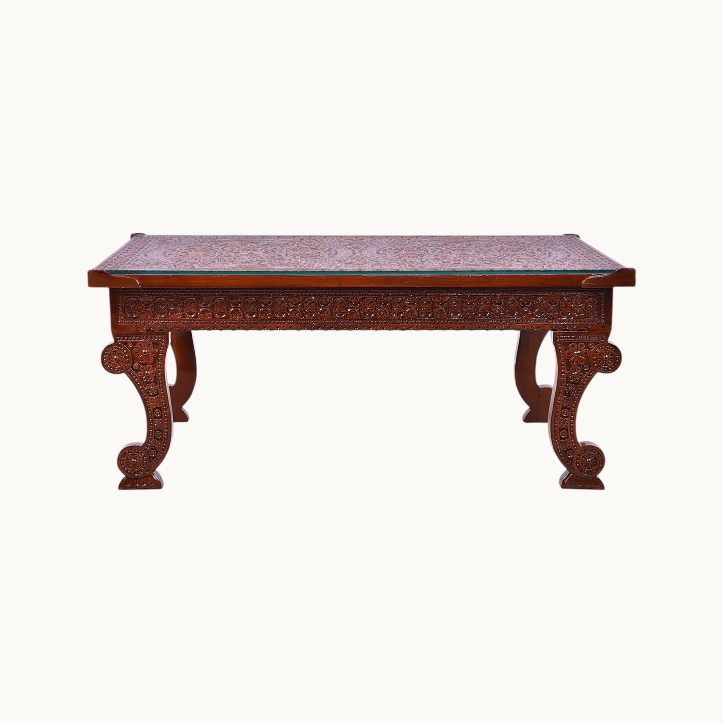 Thar Arts And Furniture - Teak Wood Hand Carved Coffee Table with Glass