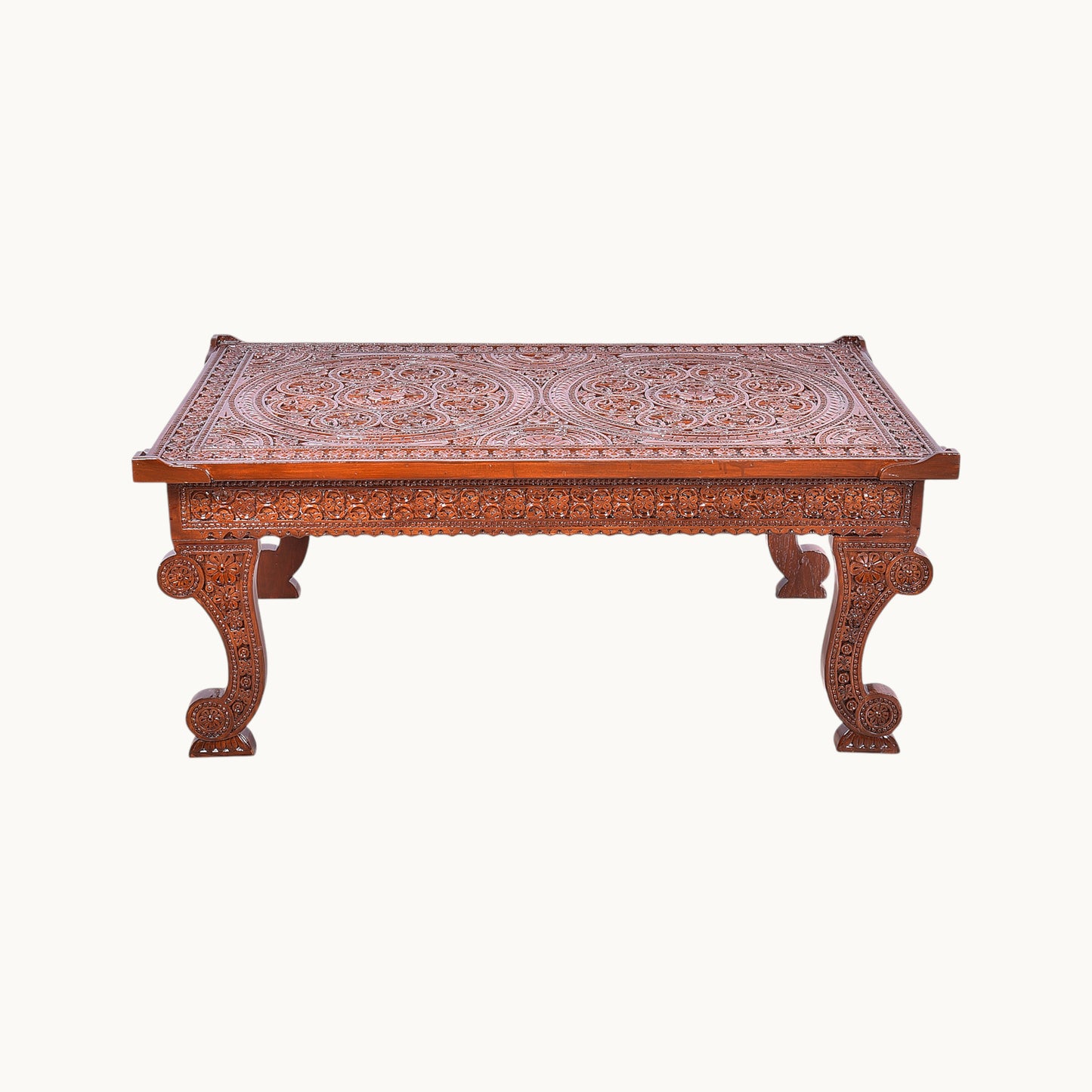Thar Arts And Furniture - Teak Wood Hand Carved Coffee Table with Glass