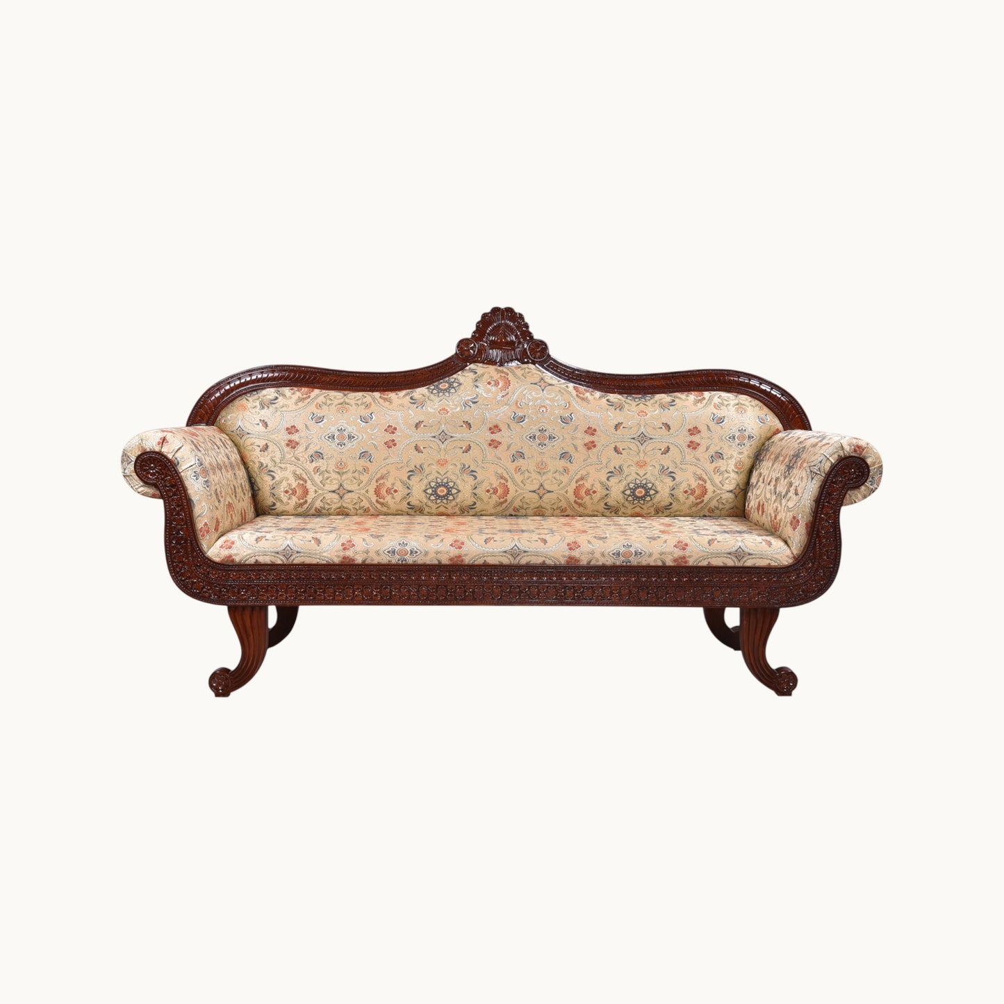 Thar Arts And Furniture - Traditional Sofa, Carved Wooden Frame, Floral Upholstery, Brown Wood Diwan/Couch for Living Room