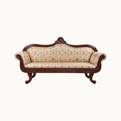 Thar Arts And Furniture - Traditional Sofa, Carved Wooden Frame, Floral Upholstery, Brown Wood Diwan/Couch for Living Room