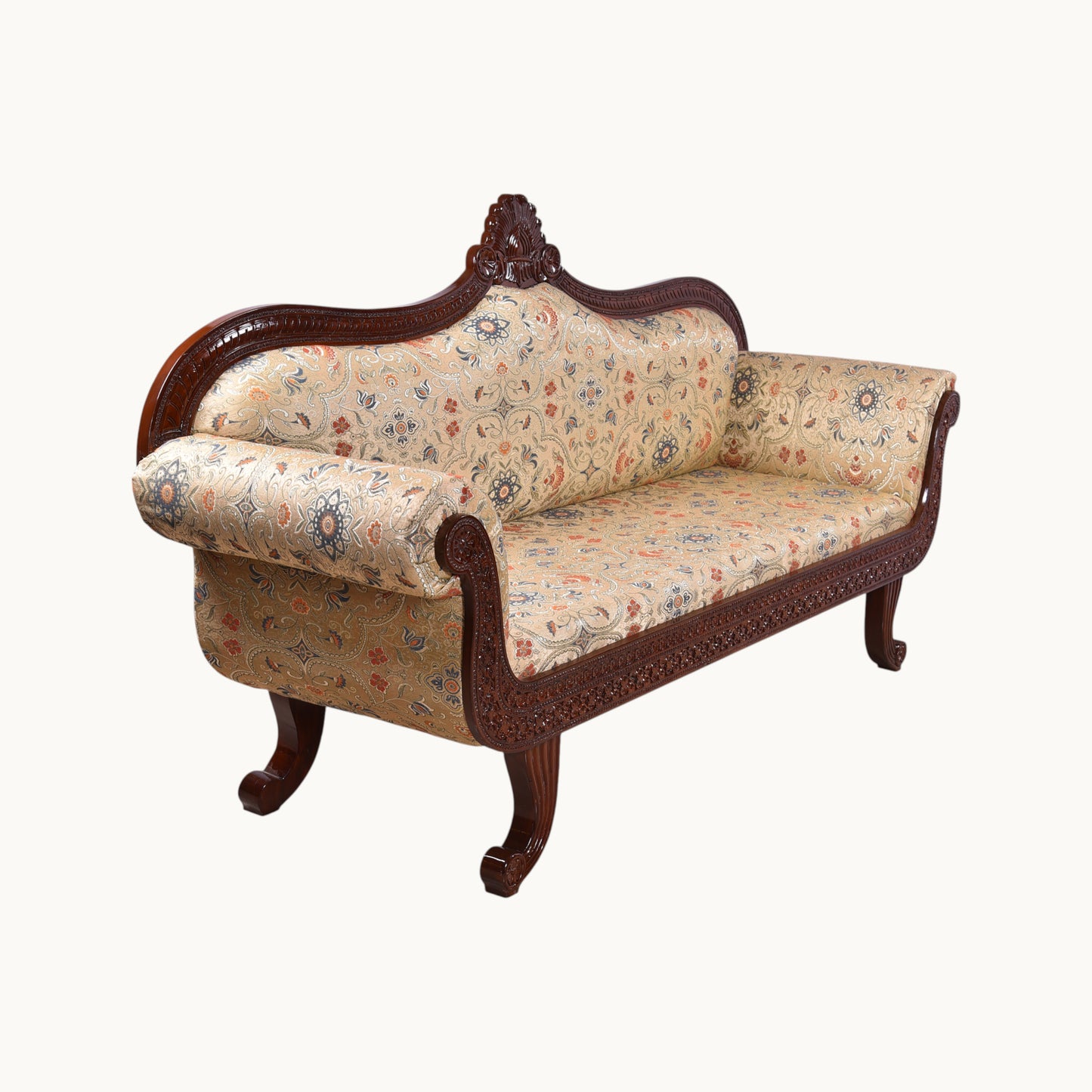 Thar Arts And Furniture - Traditional Sofa, Carved Wooden Frame, Floral Upholstery, Brown Wood Diwan/Couch for Living Room