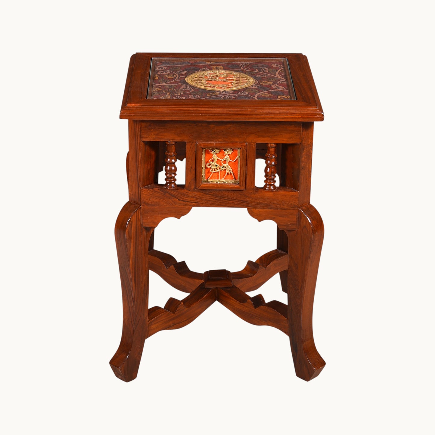 Thar Arts And Furniture - Teak Wood Side Table with Dhokra and Warli Art ( Walnut )