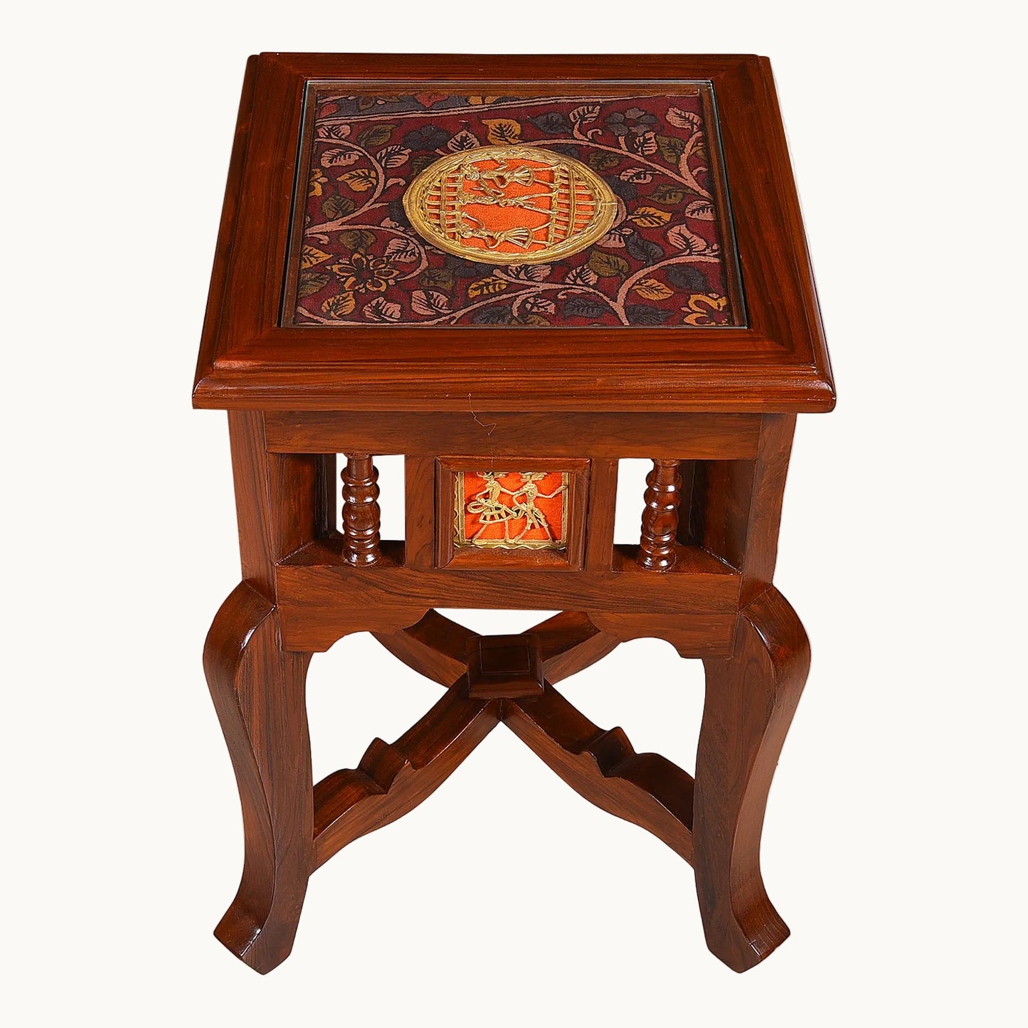 Teak Wood Side Table with Dhokra & Warli Art