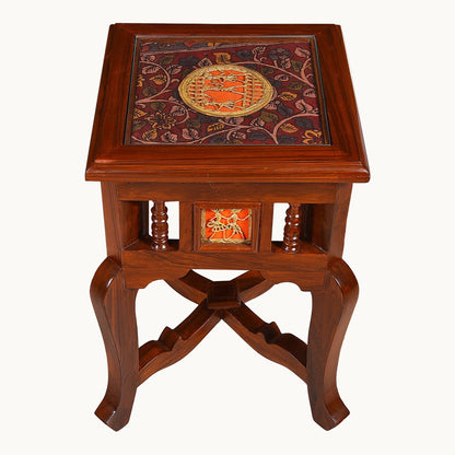 Teak Wood Side Table with Dhokra & Warli Art