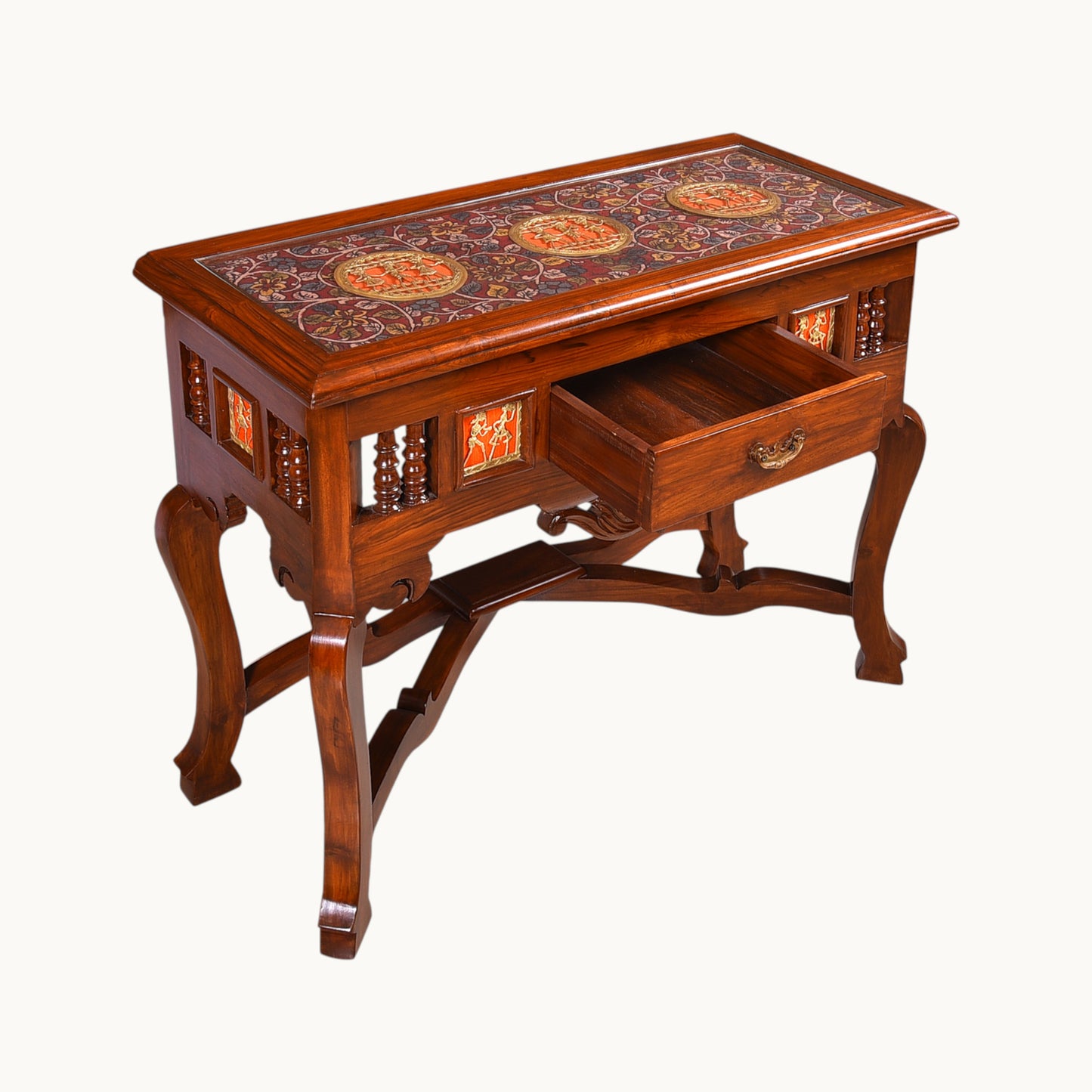 Thar Arts And Furniture -Teak Wood Console Table with Antique look Dhokra and Warli Art