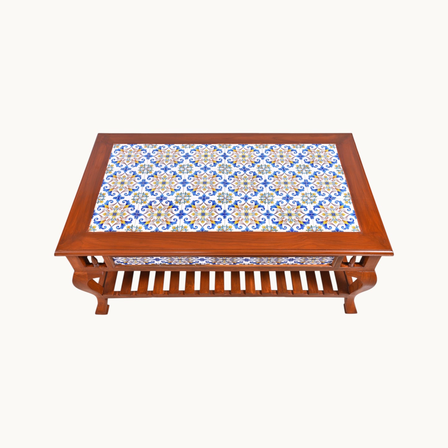 Thar Arts And Furniture - Teak Wood Rectangular Shaped Carved Coffee Table with tile finish