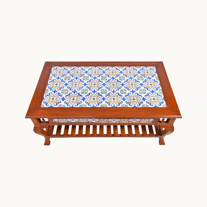 Thar Arts And Furniture - Teak Wood Rectangular Shaped Carved Coffee Table with tile finish