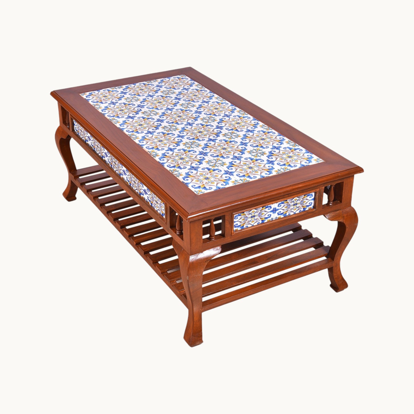 Thar Arts And Furniture - Teak Wood Rectangular Shaped Carved Coffee Table with tile finish