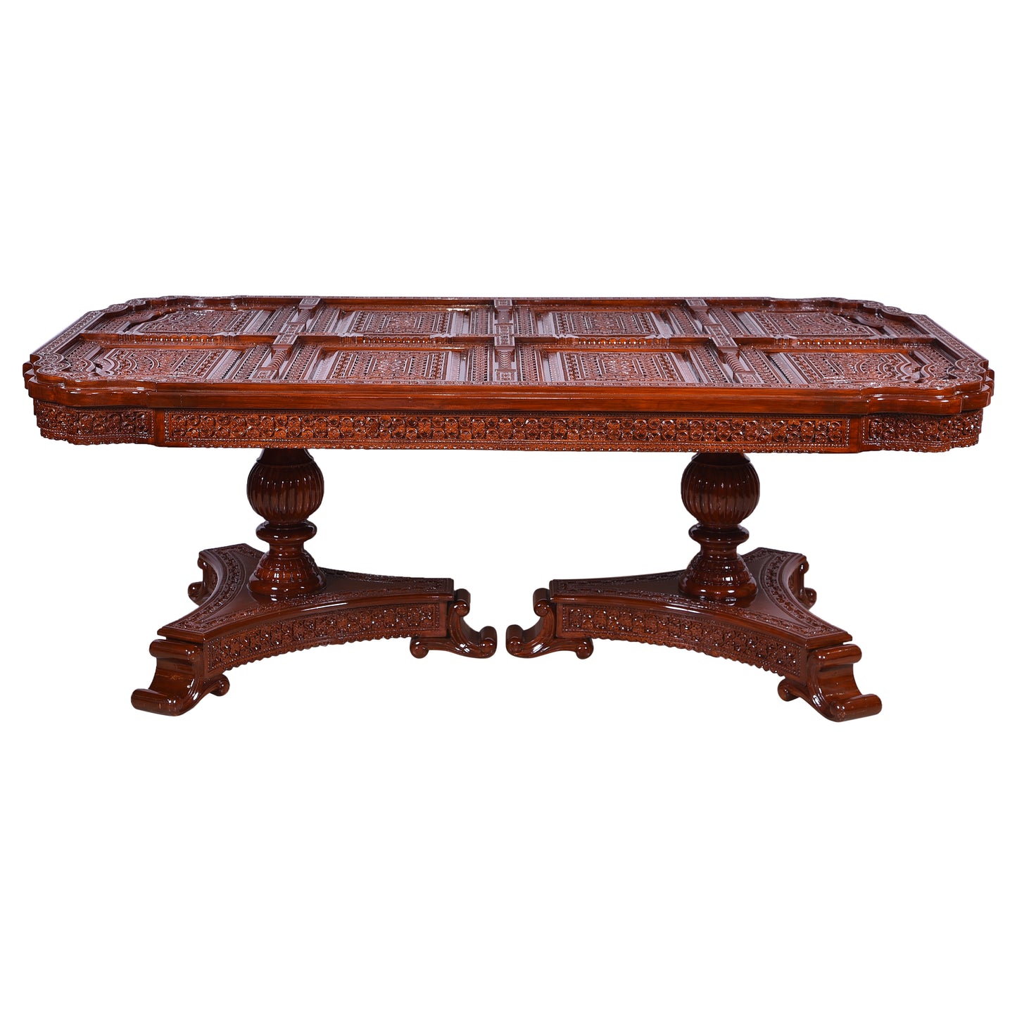 Royal Hand-Carved Solid Wood Dining Table Set with Ornate Base & Glass Top – 6 Seater | Thar Arts & Furniture