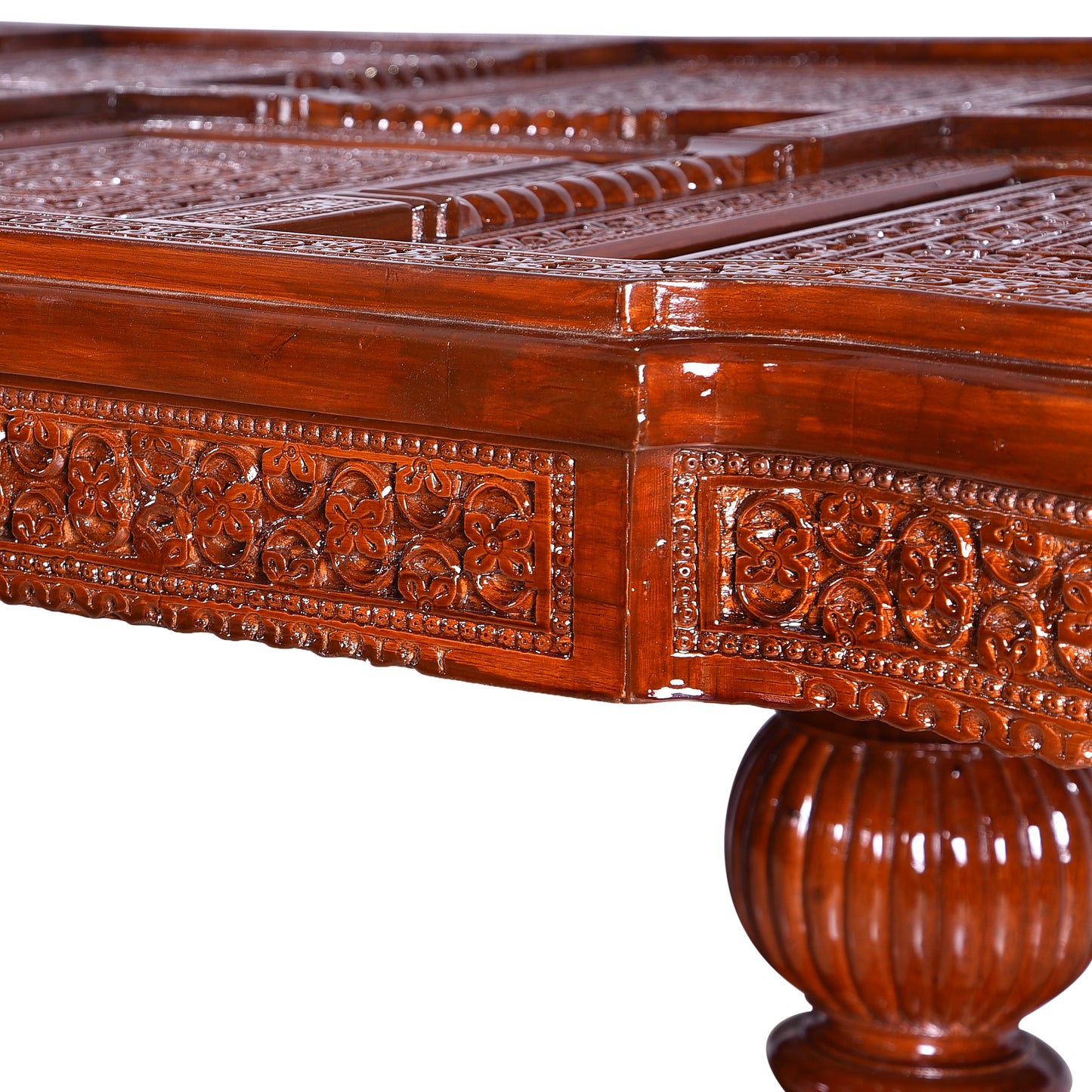 Royal Hand-Carved Solid Wood Dining Table Set with Ornate Base & Glass Top – 6 Seater | Thar Arts & Furniture