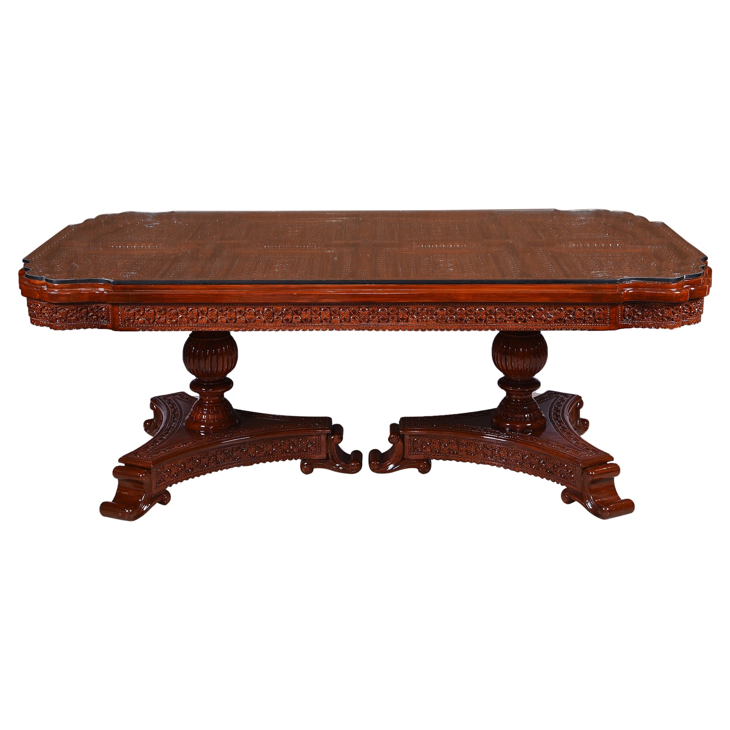 Royal Hand-Carved Solid Wood Dining Table Set with Ornate Base & Glass Top – 6 Seater | Thar Arts & Furniture
