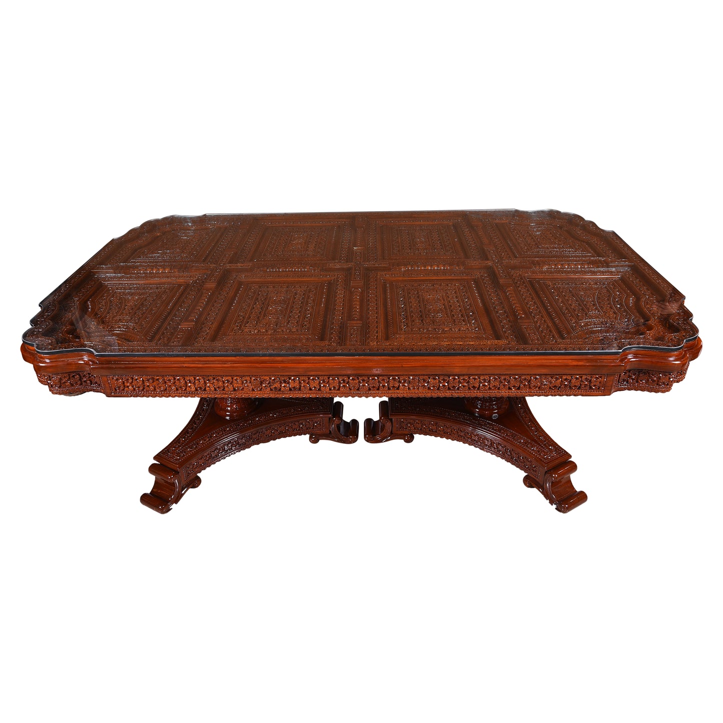 Royal Hand-Carved Solid Wood Dining Table Set with Ornate Base & Glass Top – 6 Seater | Thar Arts & Furniture