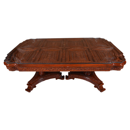 Royal Hand-Carved Solid Wood Dining Table Set with Ornate Base & Glass Top – 6 Seater | Thar Arts & Furniture