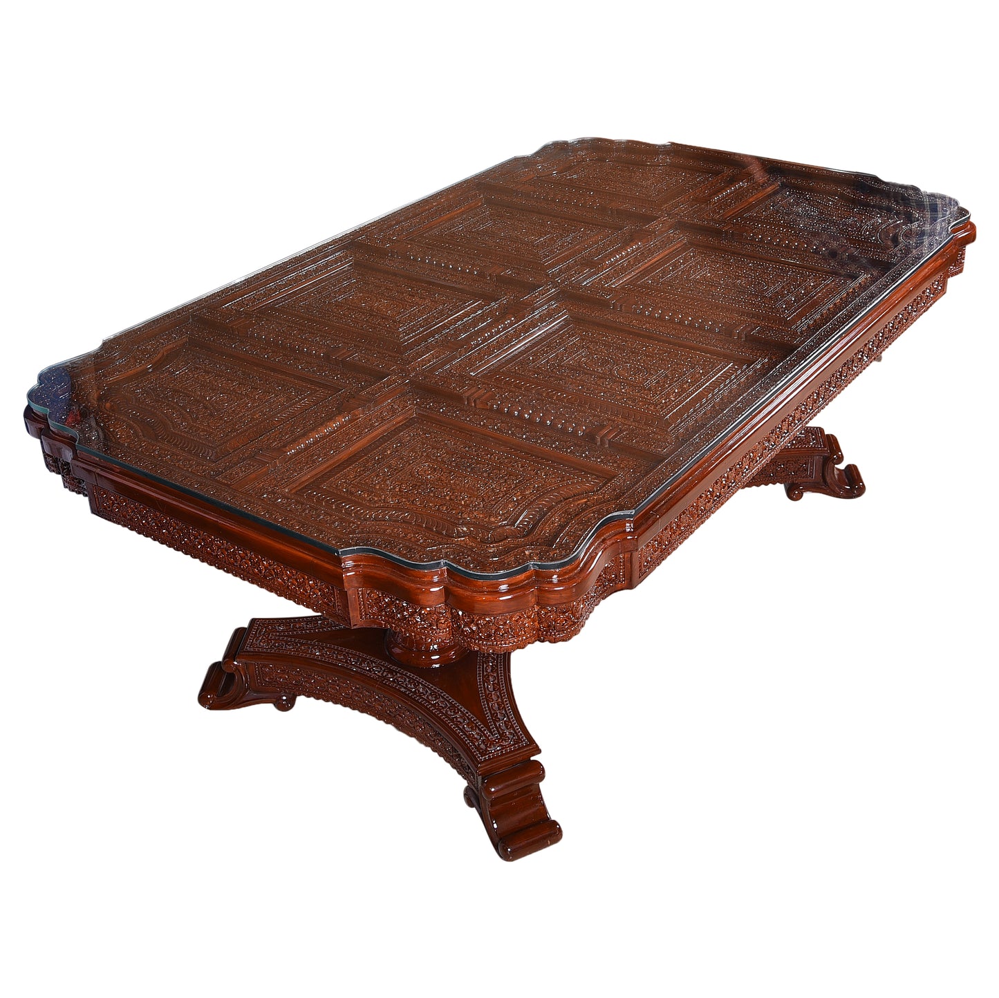 Royal Hand-Carved Solid Wood Dining Table Set with Ornate Base & Glass Top – 6 Seater | Thar Arts & Furniture