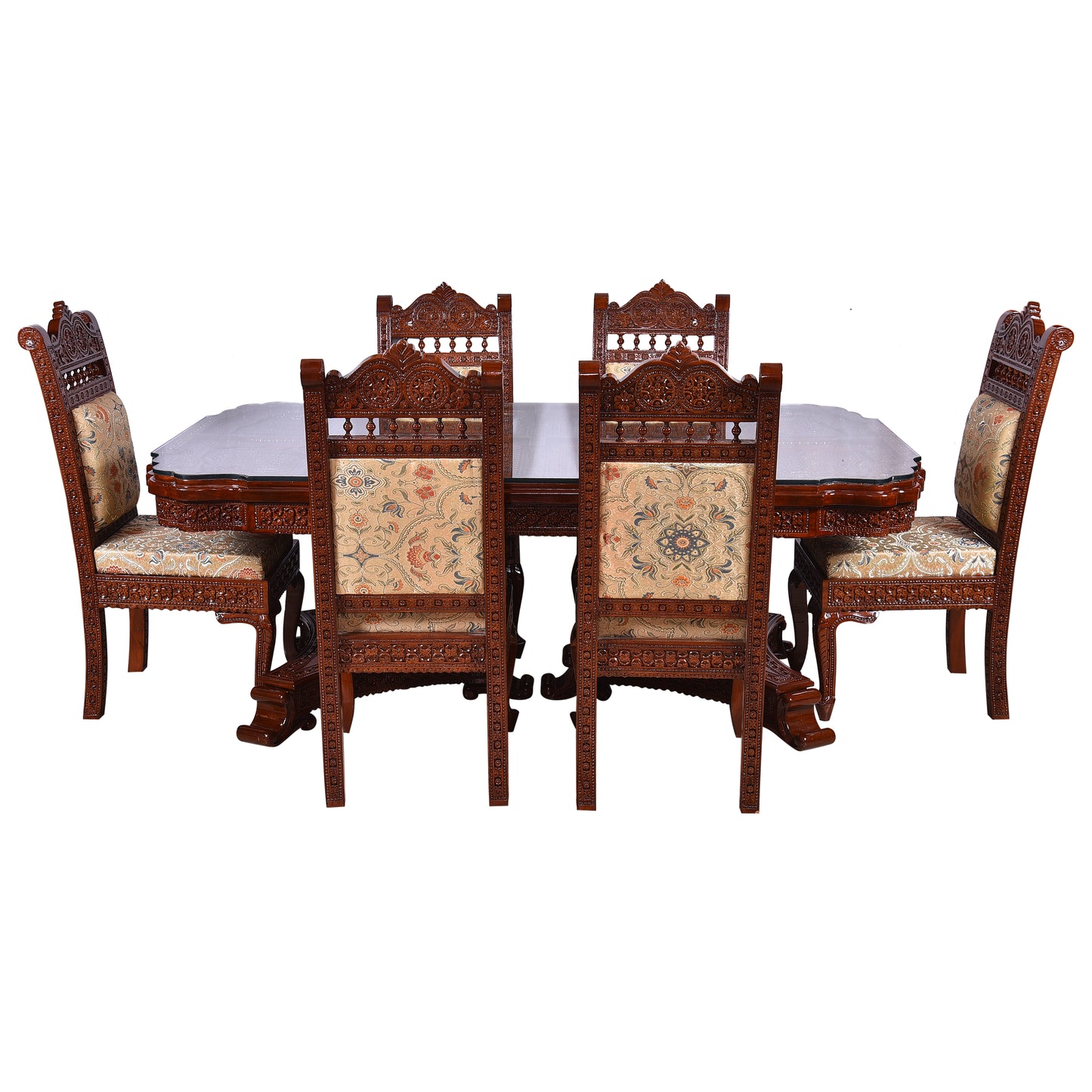 Royal Hand-Carved Solid Wood Dining Table Set with Ornate Base & Glass Top – 6 Seater | Thar Arts & Furniture