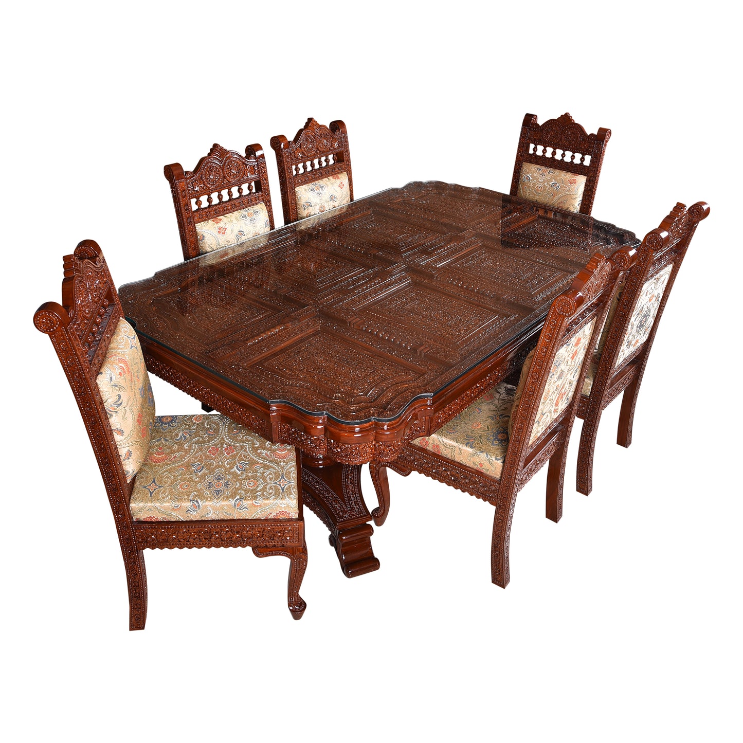 Royal Hand-Carved Solid Wood Dining Table Set with Ornate Base & Glass Top – 6 Seater | Thar Arts & Furniture