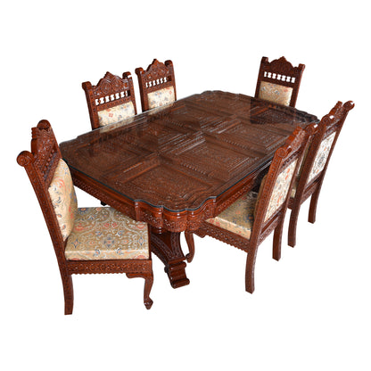 Royal Hand-Carved Solid Wood Dining Table Set with Ornate Base & Glass Top – 6 Seater | Thar Arts & Furniture