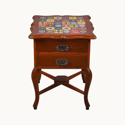 Thar Arts And Furniture - Teak wood Side Table with 2 teir Storage and Tile Finish