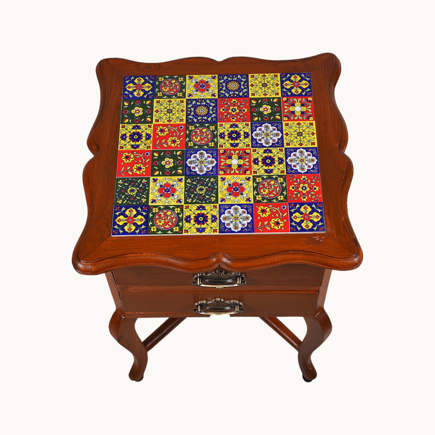 Thar Arts And Furniture - Teak wood Side Table with 2 teir Storage and Tile Finish