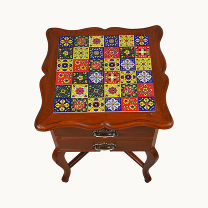 Thar Arts And Furniture - Teak wood Side Table with 2 teir Storage and Tile Finish