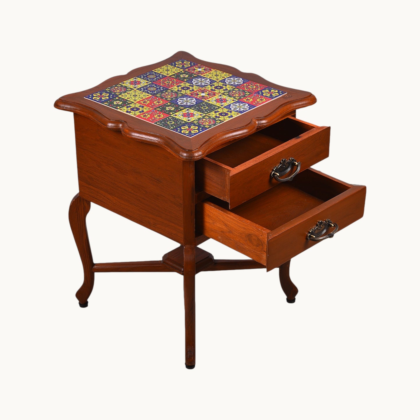 Thar Arts And Furniture - Teak wood Side Table with 2 teir Storage and Tile Finish