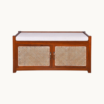 Thar Arts And Furniture - Teakwood Shoe Rack/ Bench with Cushion, 2 Door Storage Shelf and Cane Finish ( Rattan )