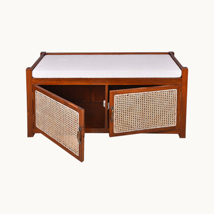 Thar Arts And Furniture - Teakwood Shoe Rack/ Bench with Cushion, 2 Door Storage Shelf and Cane Finish ( Rattan )