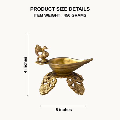 Brass Peacock Deepam on Leaf Base – Traditional Brass Diya for Pooja