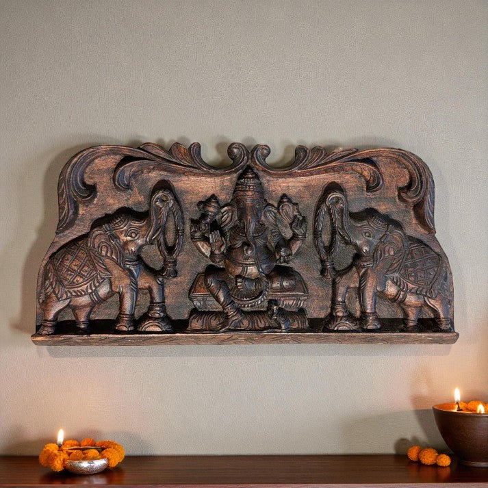 Gaja Ganesh Wooden Panel – Hand-Carved Wall Decor