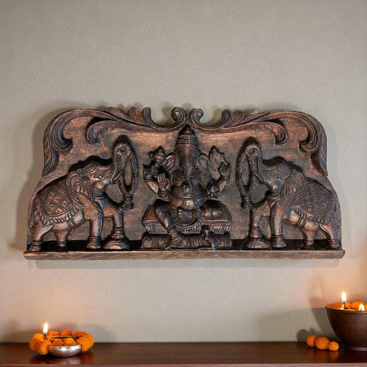 Gaja Ganesh Wooden Panel – Hand-Carved Wall Decor