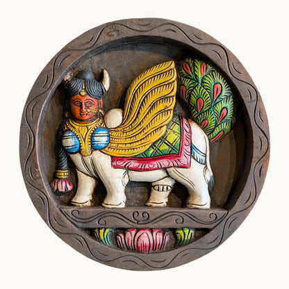 Thar Arts And Furniture - Wooden wall hanging Kamdhenu round plate