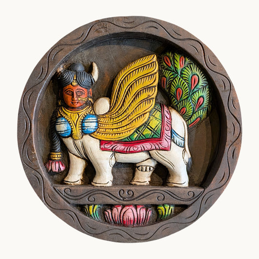 Thar Arts And Furniture - Wooden wall hanging Kamdhenu round plate