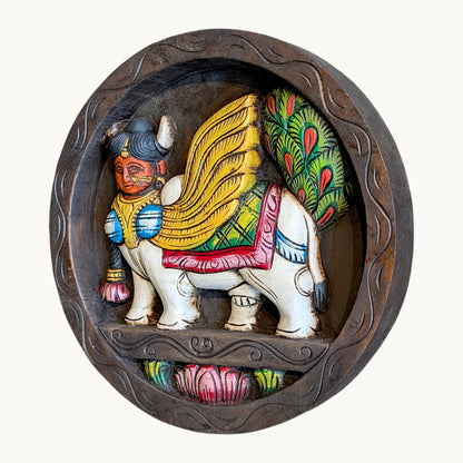 Thar Arts And Furniture - Wooden wall hanging Kamdhenu round plate