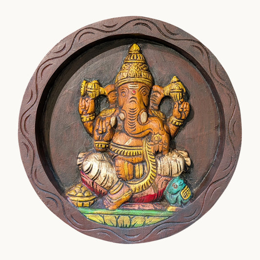 Thar Arts and Furniture - Handcrafted Wooden Lord Ganesha Wall Plaque – Traditional Round Panel for Home Temple & Wall Décor