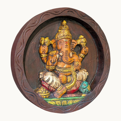 Thar Arts and Furniture - Handcrafted Wooden Lord Ganesha Wall Plaque – Traditional Round Panel for Home Temple & Wall Décor