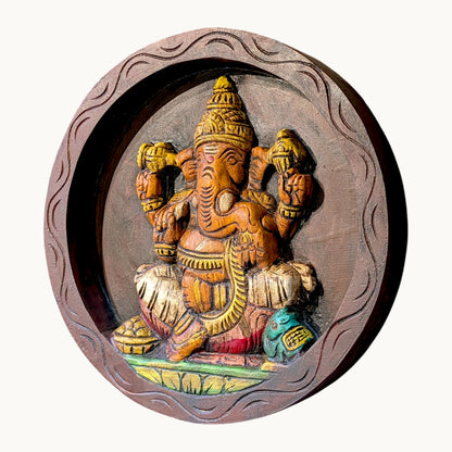 Thar Arts and Furniture - Handcrafted Wooden Lord Ganesha Wall Plaque – Traditional Round Panel for Home Temple & Wall Décor