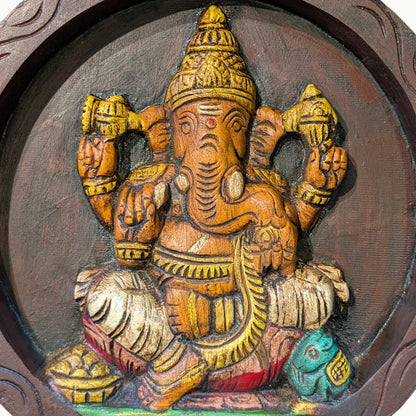Thar Arts and Furniture - Handcrafted Wooden Lord Ganesha Wall Plaque – Traditional Round Panel for Home Temple & Wall Décor