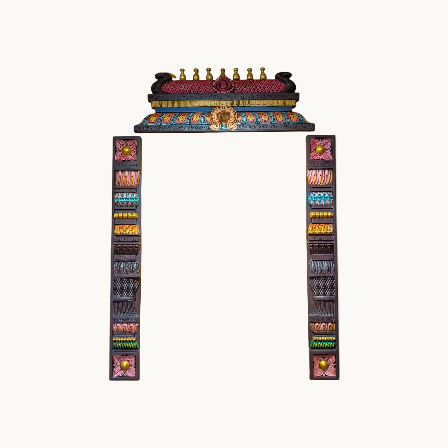 Hand-Painted Wooden Gopuram with Side Panels | Traditional Temple Wall Frame | Premium Vagai Wood