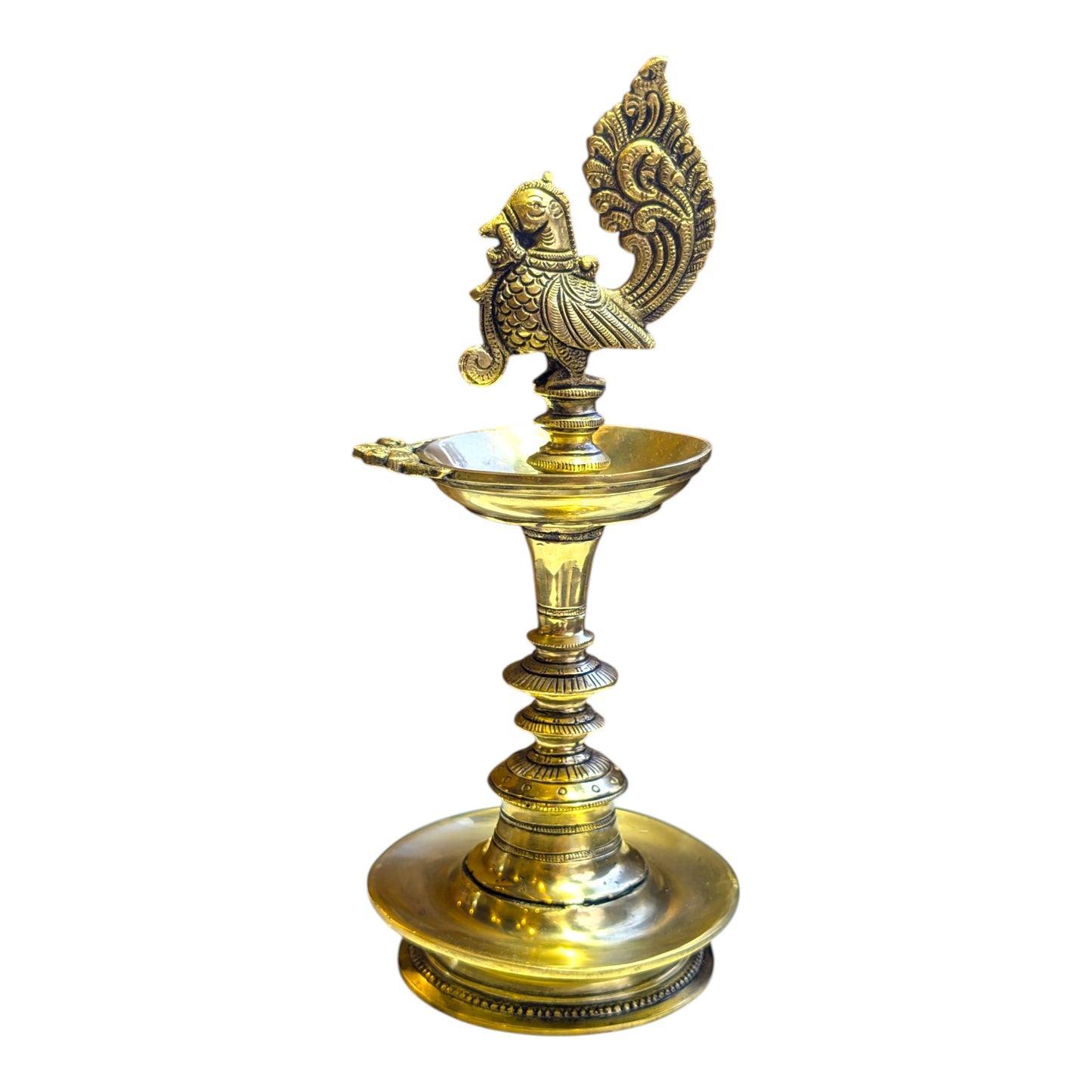 Traditional Brass Peacock Standing Deepam – South Indian Oil Lamp